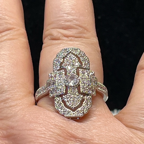 Romantic art deco style silver ring, very detailed with clear rhinestones - Picture 7 of 9